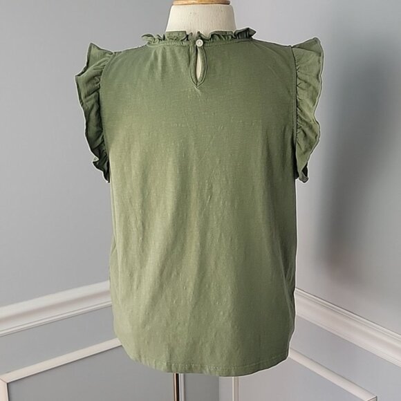 J.CREW Olive Green 100% Cotton Smocked Ruffle Flowy Boho Summer Sleeveless Top M - Picture 3 of 8
